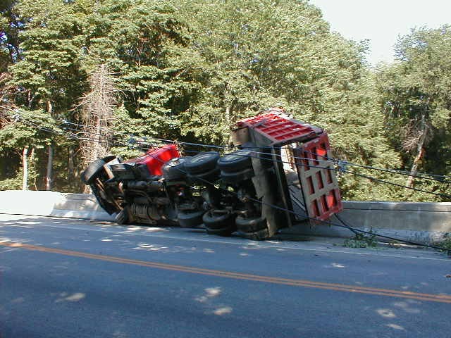 Dump Truck Rollover With Wires Down, North Street On Merrit Parkway Overpass